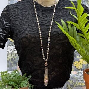 👑Adorned Crown Jewelry assemblage pink cloisonné crystal bead spoon necklace
